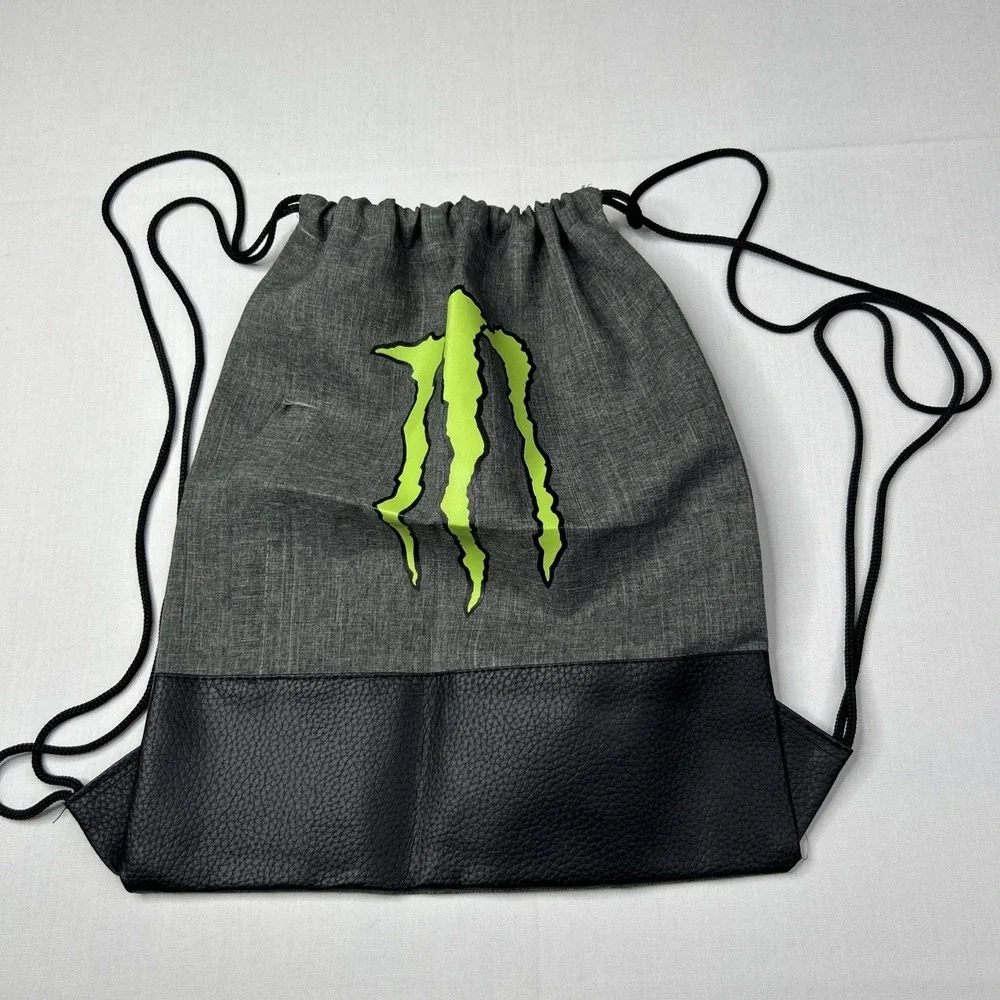 Monster Energy Drawstring Cinch Backpack Gray Front Zipper Pocket Green Logo